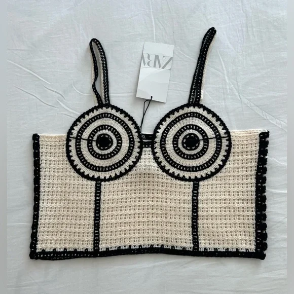 NWT BLOG FAVE Zara Crochet Cream Black Corset Crop Top Festival Coachella size S - Picture 9 of 16